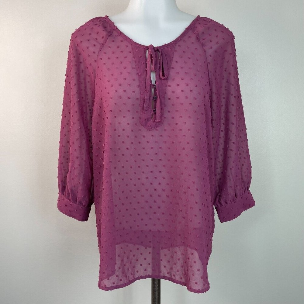 Matilda Jane Top XS Purple Sheer Textured Clip Dot Popover‎ Blouse Women's